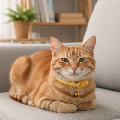 Chat roux allongé sur canapé avec collier jaune à clochette
