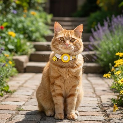 "Chat roux assis avec collier GPS jaune"