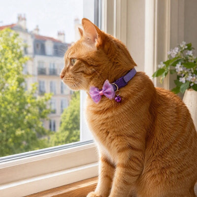 Chat roux assis devant une fenêtre avec un collier violet à nœud papillon et grelot