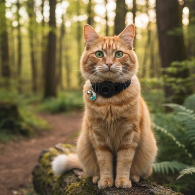 Chat roux assis en forêt équipé d'un collier pour chat GPS noir