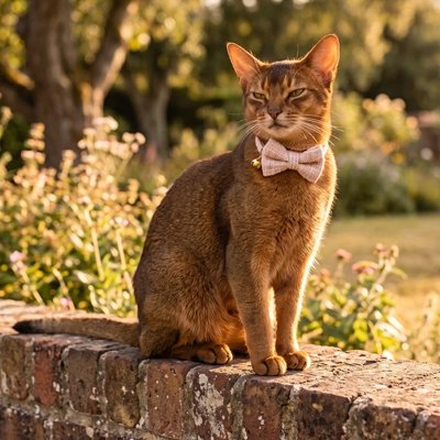 Chat roux assis sur un muret avec un collier nœud papillon rose et clochette