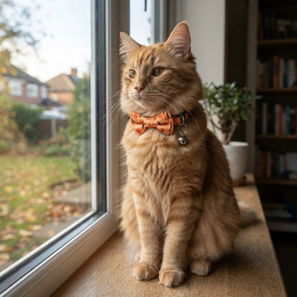 Chat roux assis sur un rebord de fenêtre portant un collier orange avec nœud papillon citrouille amovible