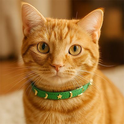 Chat roux collier vert étoiles lune dorées