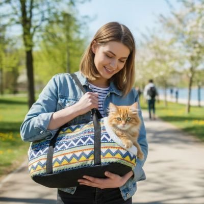 Chat roux confortablement installé dans sac de transport respiran