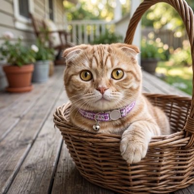 Chat roux dans un panier en osier portant un collier pour chat violet avec médaille d'identification
