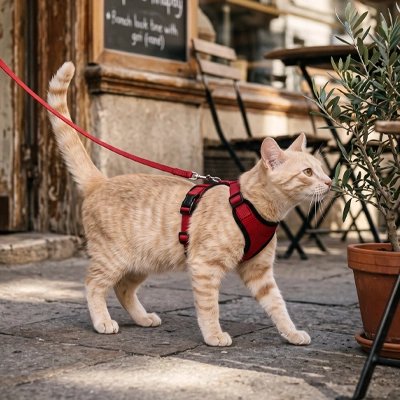 Chat roux en harnais pour chat rouge se promenant devant une terrasse de café