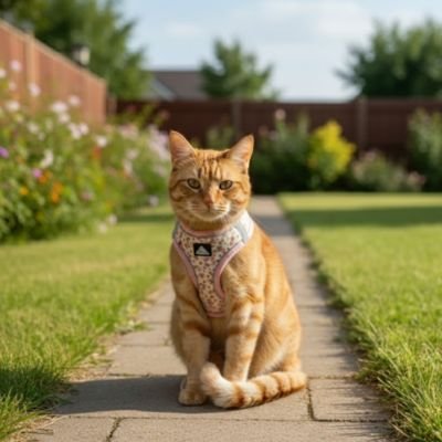 Chat roux équipé d'un harnais chat sécurisé assis sur un chemin pavé de jardin