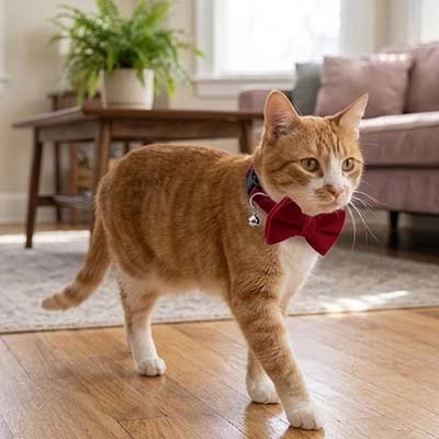 Chat roux marchant en intérieur avec un collier nœud papillon rouge