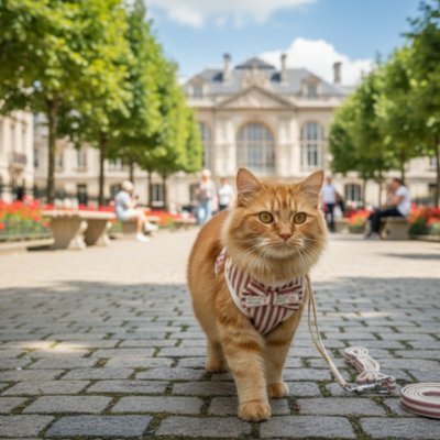 Chat roux portant harnais sécurisé en ville