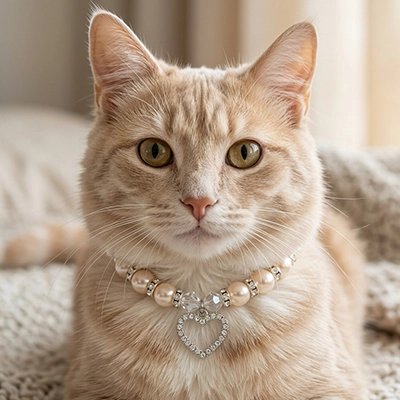 Chat roux portant un collier perles pour chat blanc avec pendentif cœur strass