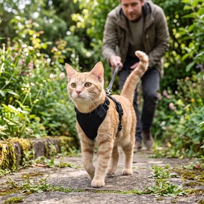 Chat roux portant un harnais pour chat noir marchant sur un chemin en pierre
