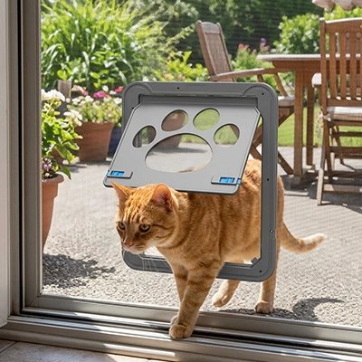 Chat roux sortant par une chatière sur porte vitrée coulissante