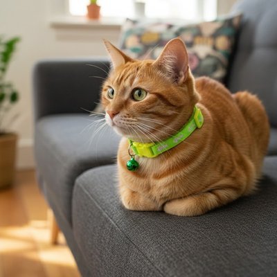 Chat roux sur canapé gris avec collier vert fluo et clochette 