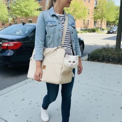 Femme transportant un chat blanc dans un chat sac de transport beige 