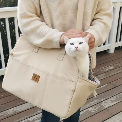 Femme tenant un chat blanc dans un chat sac de transport beige crème - accessoire confortable pour voyages avec chat