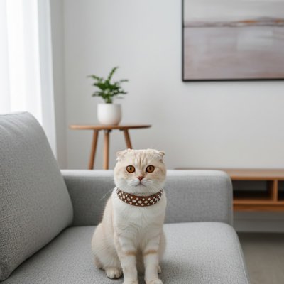 Chat Scottish Fold blanc avec collier marron à pois blancs - Collier tendance pour chat