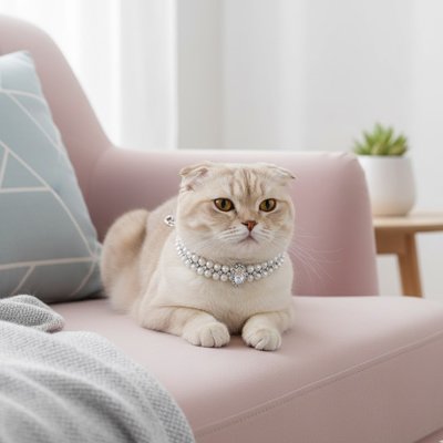 Chat Scottish Fold crème avec collier perles sur canapé rose