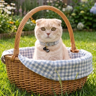 Chat Scottish Fold dans un panier en osier, collier chat bleu et blanc avec grelot