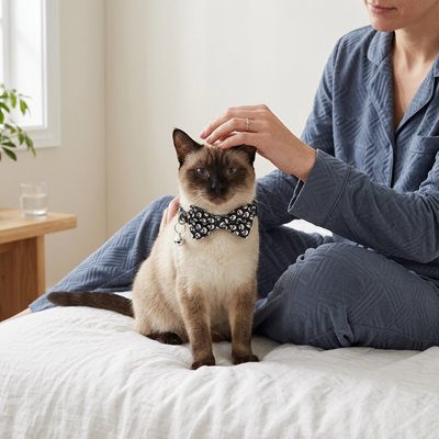Chat siamois avec collier nœud papillon noir à fleurs blanches et clochette sur un lit