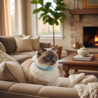 Chat siamois avec collier turquoise à strass - Collier de luxe pour chat d'intérieur