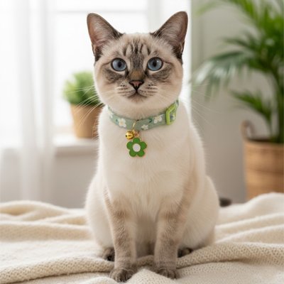 Chat siamois collier vert fleur