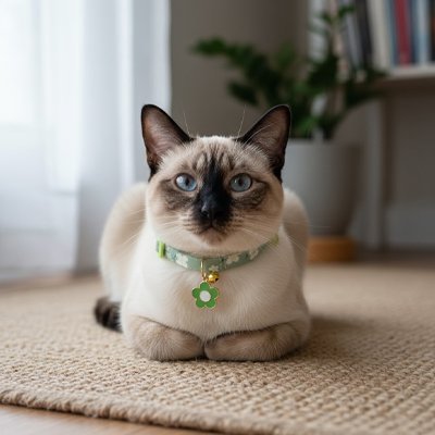  Chat siamois couché collier vert