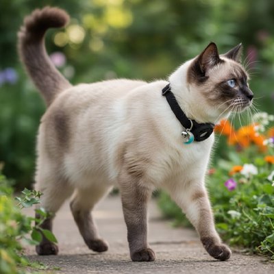 Chat siamois en mouvement portant un collier pour chat GPS noir avec médaille turquoise