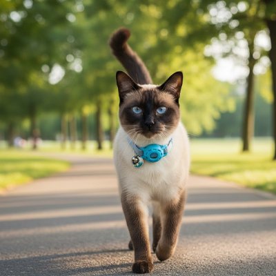 Chat siamois marchant avec collier pour chat GPS bleu turquoise - technologie de suivi GPS pour chat qui sort régulièrement