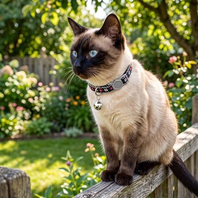 Chat siamois perché sur une clôture avec son collier pour chat noir et clochette argentée