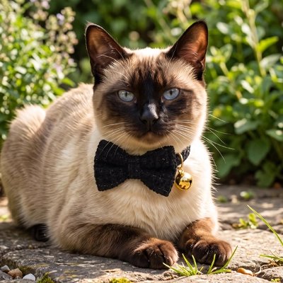 Chat siamois portant un collier nœud papillon noir avec clochette dorée
