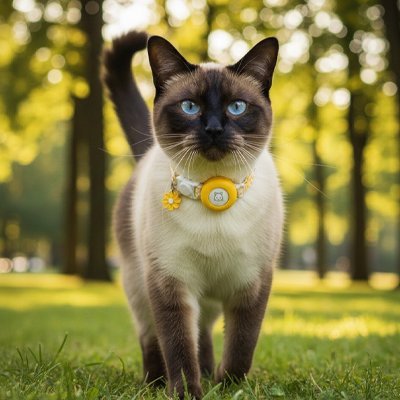 "Chat siamois avec collier GPS jaune dehors"