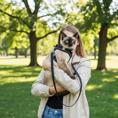Chat siamois porté avec harnais noir réglable pour promenade en extérieur