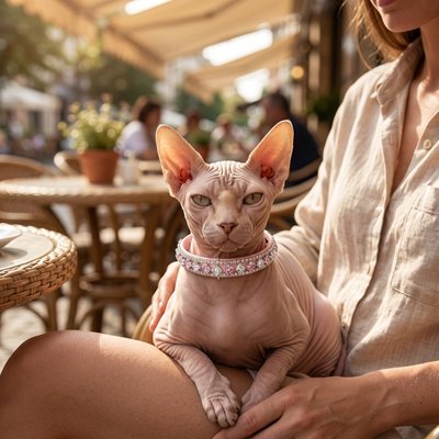 Chat Sphynx avec collier chat rose bijou strass en terrasse café
