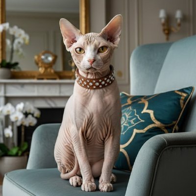 Chat Sphynx avec collier clouté marron - Collier ajustable pour chat sans poil