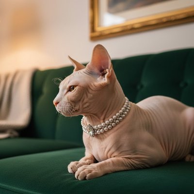 Chat Sphynx avec collier de perles sur canapé vert