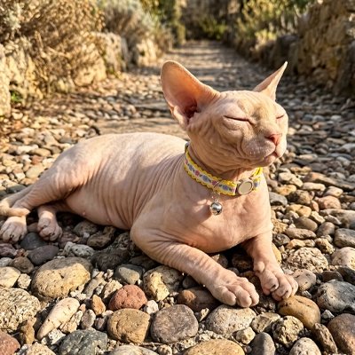 Chat Sphynx détendu portant un collier pour chat réglable avec breloque personnalisée
