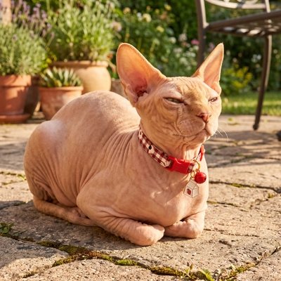 Chat Sphynx portant un collier chat vichy rouge avec breloques métalliques