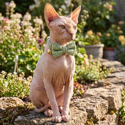 Chat sphynx portant un collier nœud papillon vert dans un jardin fleuri