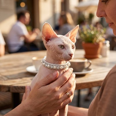 Chat Sphynx sans poils avec collier chat perles bijou tenu en terrasse café