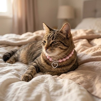 Chat tigré allongé sur un lit portant un collier perles pour chat rose avec pendentif cœur