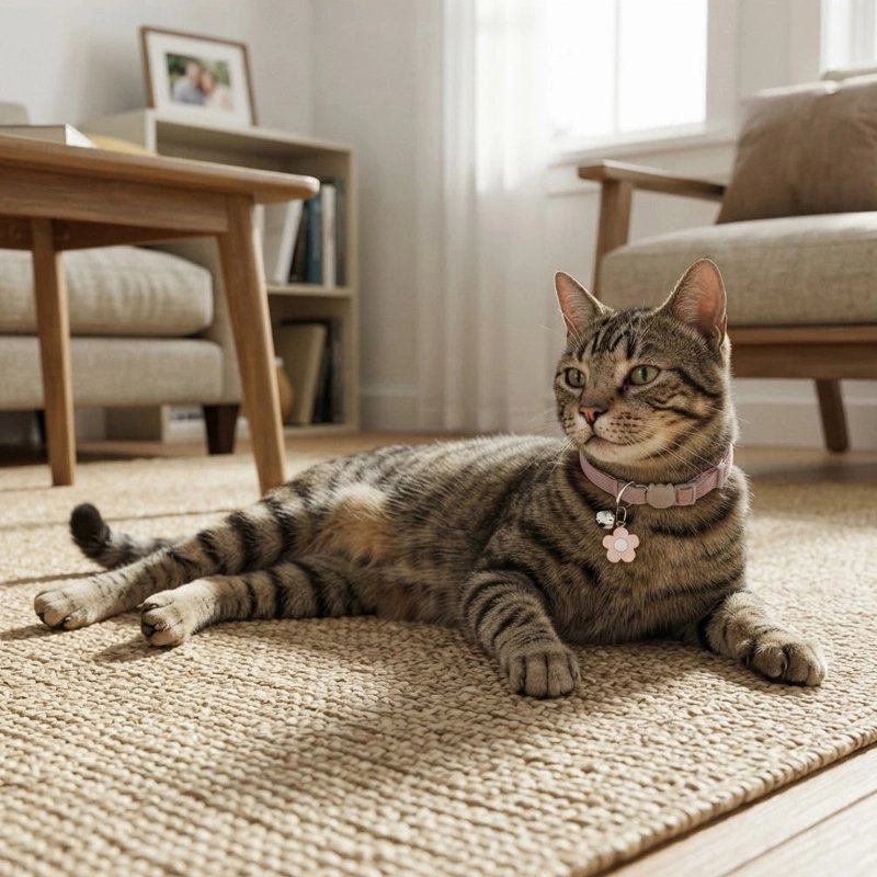 Chat tigré allongé sur un tapis en jute dans un salon lumineux, portant un collier rose avec breloque fleur