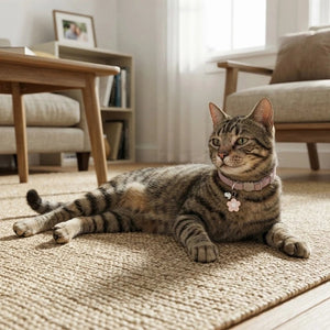 Chat tigré allongé sur un tapis en jute dans un salon lumineux, portant un collier rose avec breloque fleur