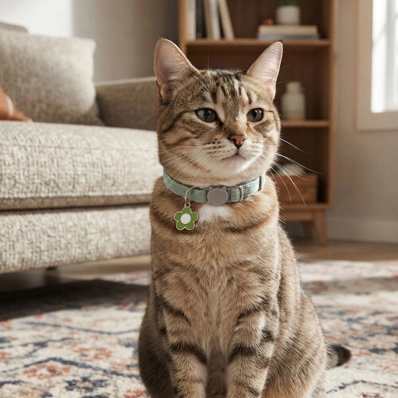Chat tigré assis portant un collier vert d'eau avec une breloque fleur verte