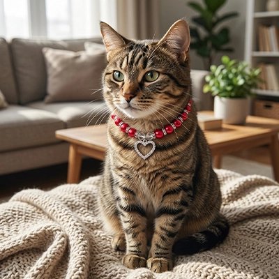 Chat tigré assis sur un plaid portant un collier perles rouges pour chat avec pendentif cœur