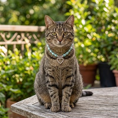 Chat tigré assis sur une table en bois portant un collier perles pour chat bleu avec pendentif cœur