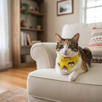 Chat tigré portant bandana chat jaune motifs chats sur fauteuil blanc
