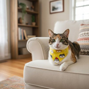 Chat tigré portant bandana chat jaune motifs chats sur fauteuil blanc