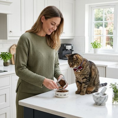 Chat tigré avec collier chat rose clochette femme cuisine moderne