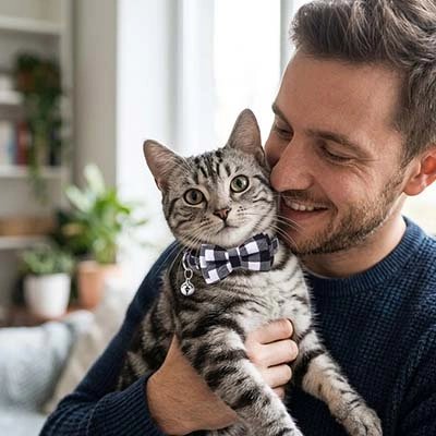  Chat tigré avec collier nœud papillon à carreaux noir, dans les bras d’un homme