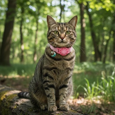 Chat tigré avec collier pour chat GPS rose et médaille bleue en pleine nature 